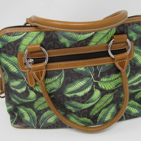GIANI BERNINI HANDBAG SHOULDER PURSE LEAVES DESIGN GREEN BLACK AND TAN ZIPPERED - Picture 1 of 9